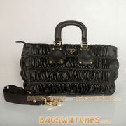 Prada 90253 Black Lambskin Golden Hardware Shoulders Handbag
