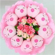 Forever Love Flower Bouquet of Dolls,  9 Mini Pigs